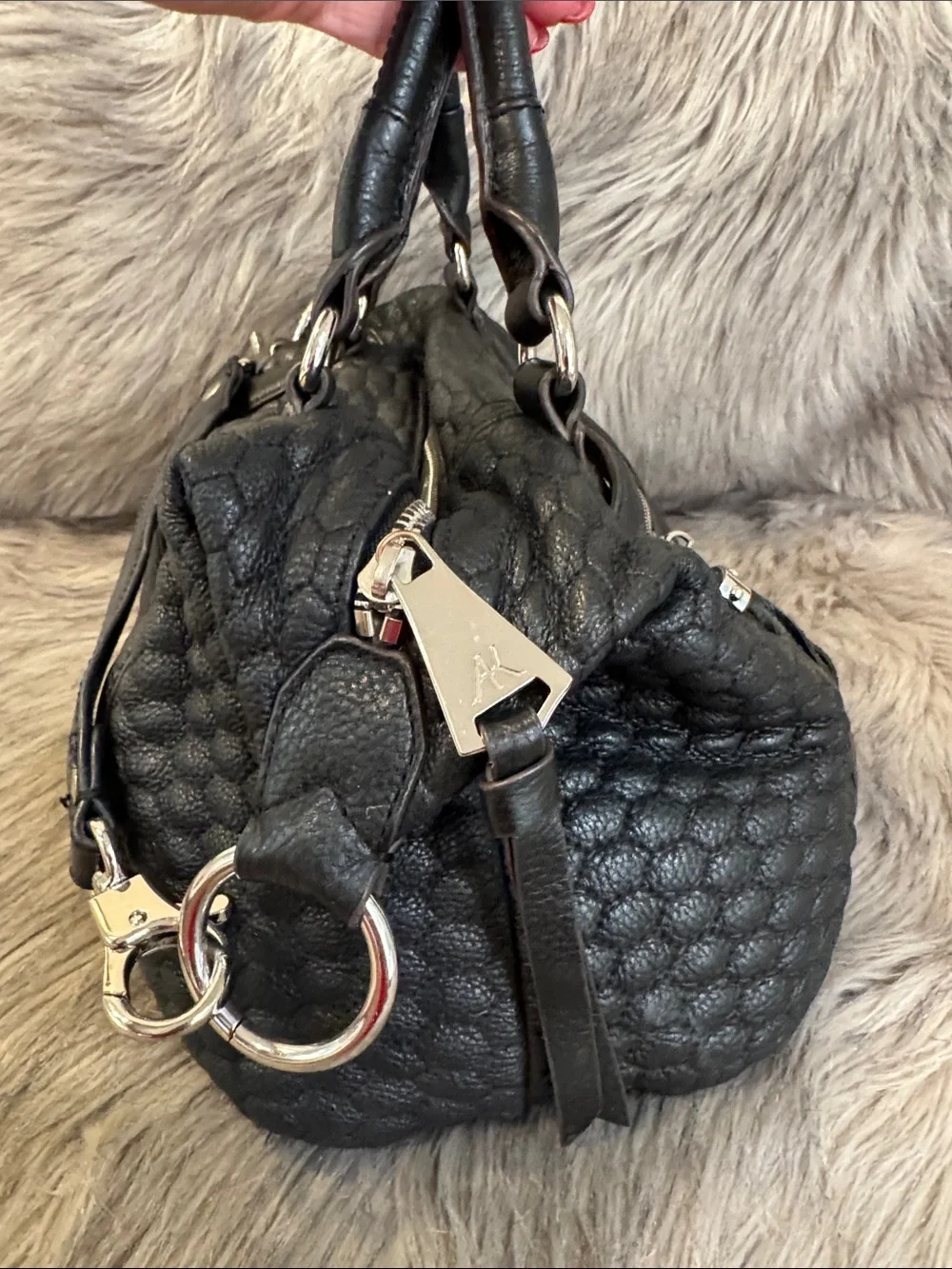 Aimee Kestenberg Women’s Black Textured Leather Satchel/Shoulder Bag with tassel